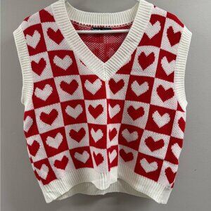 SHEIN V-Neck Sweater Vest with Red and White Heart Design
